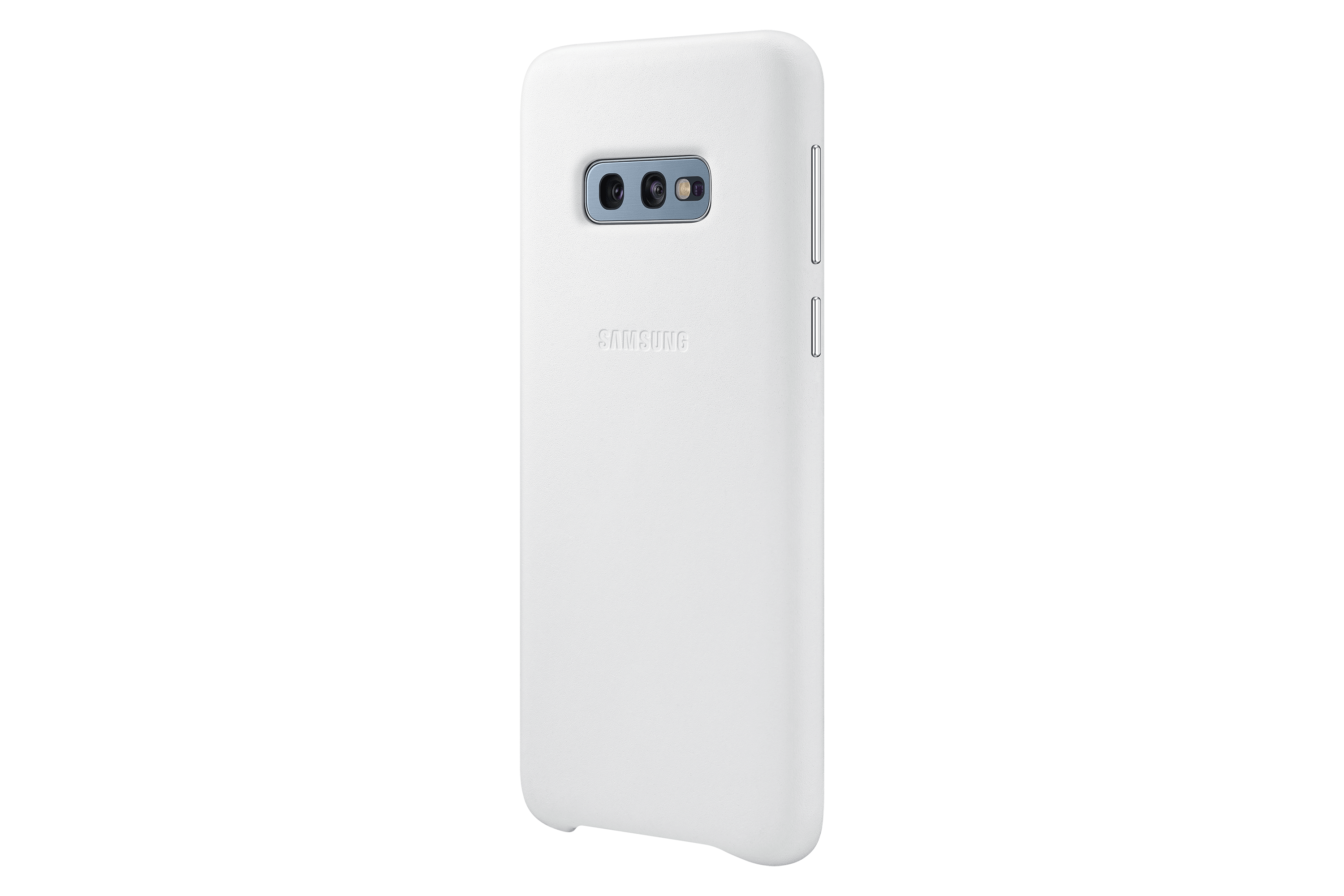 Een witte telefoonhoes met Samsung-logo. Het heeft een camera-uitsparing met drie lenzen. Zwarte achtergrond.