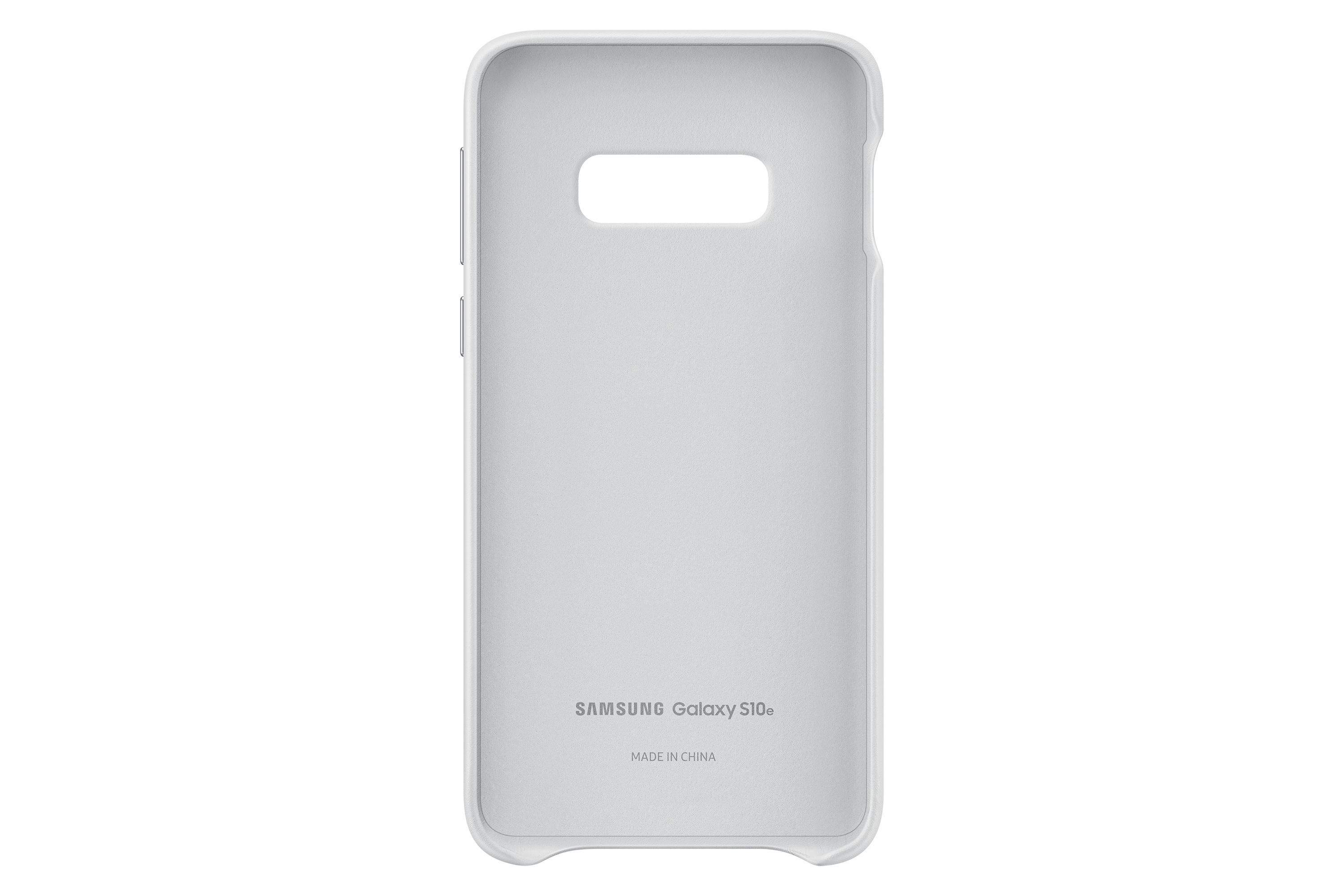 Een witte telefoonhoes voor een Samsung Galaxy S10e op een zwarte achtergrond. De merknaam is zichtbaar.