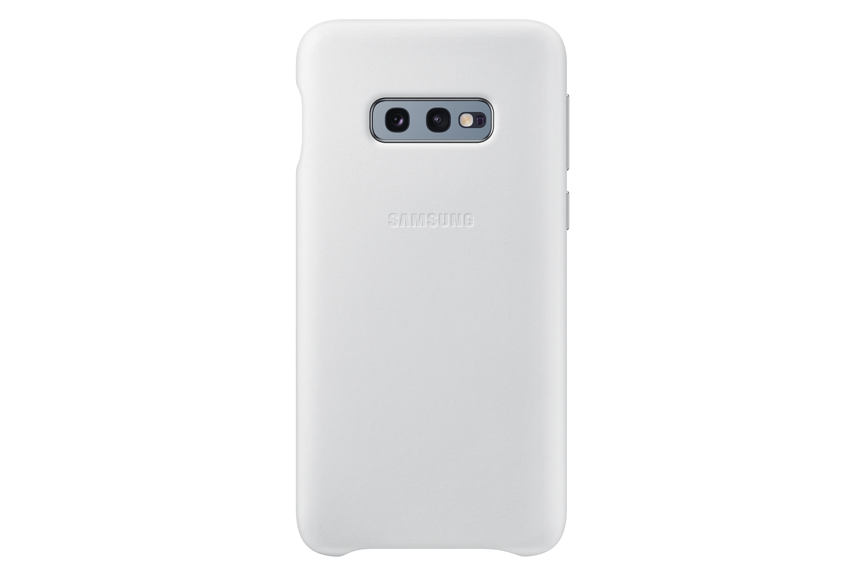 Een witte Samsung telefoonhoes. De telefoon heeft een camera en de merknaam. De achtergrond is zwart.