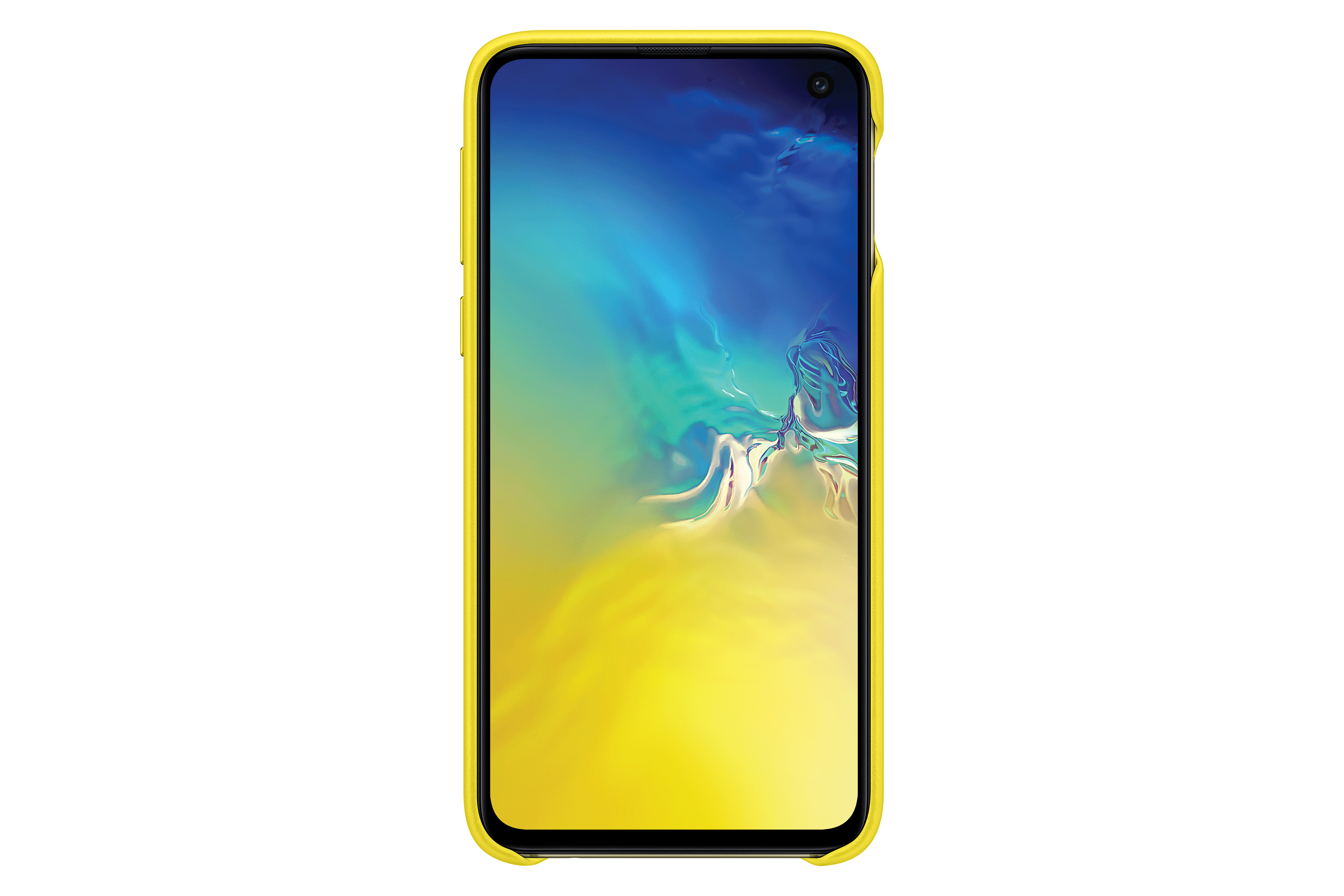 Een smartphone in een gele hoes tegen een zwarte achtergrond. Het scherm toont een kleurrijk abstract ontwerp.