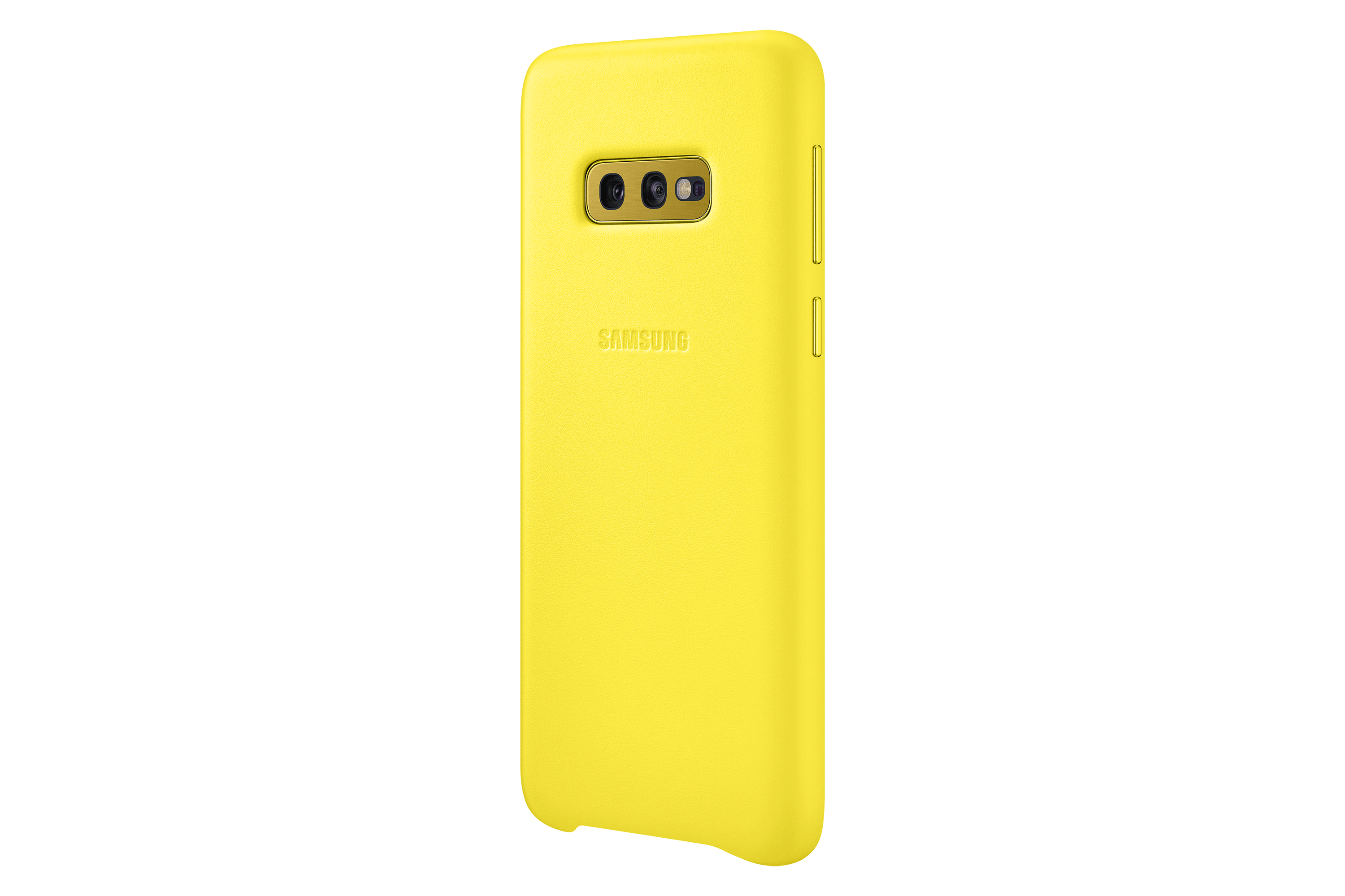 Een gele telefoonhoes met het Samsung-logo en cameraholes. De achtergrond is zwart.