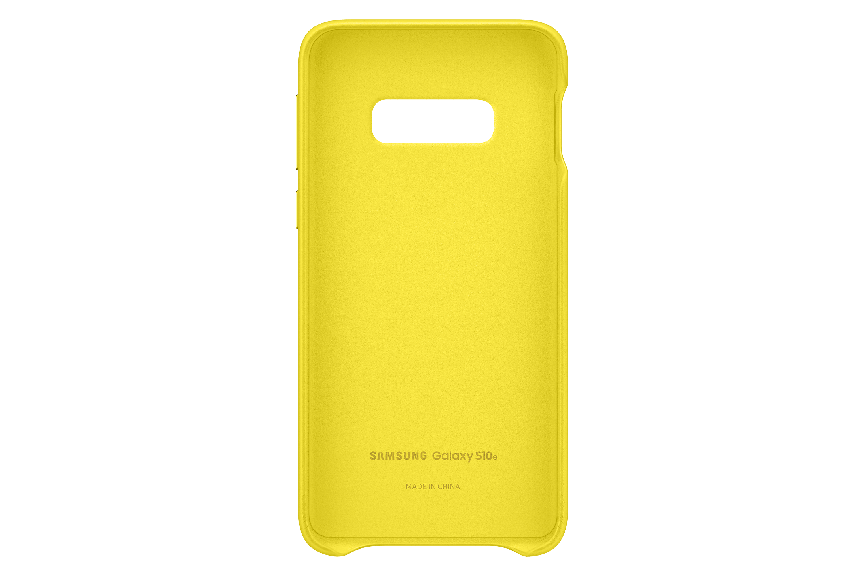 Een gele telefoonhoes tegen een zwarte achtergrond. De hoes heeft uitsparingen voor camera en knoppen.