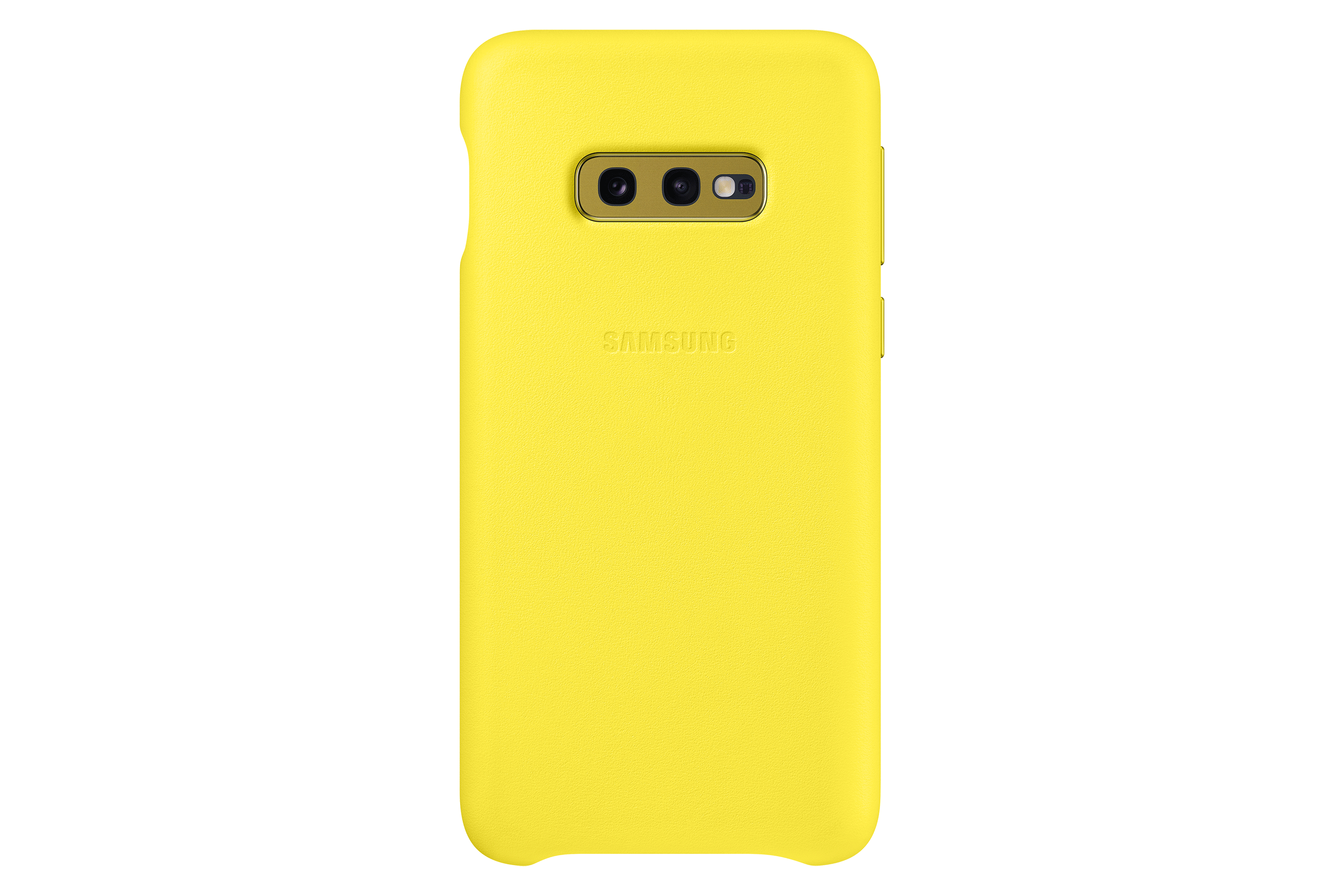 Gele Samsung telefoonhoes. Het heeft een camera-uitsparing en het Samsung-logo. Zwarte achtergrond.