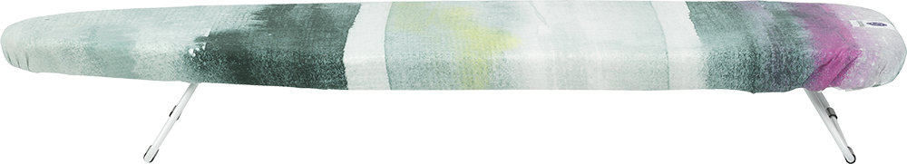 Een strijkplank met een abstract ontwerp. Het bord heeft een hoes met groene, witte en roze aquarelachtige patronen.