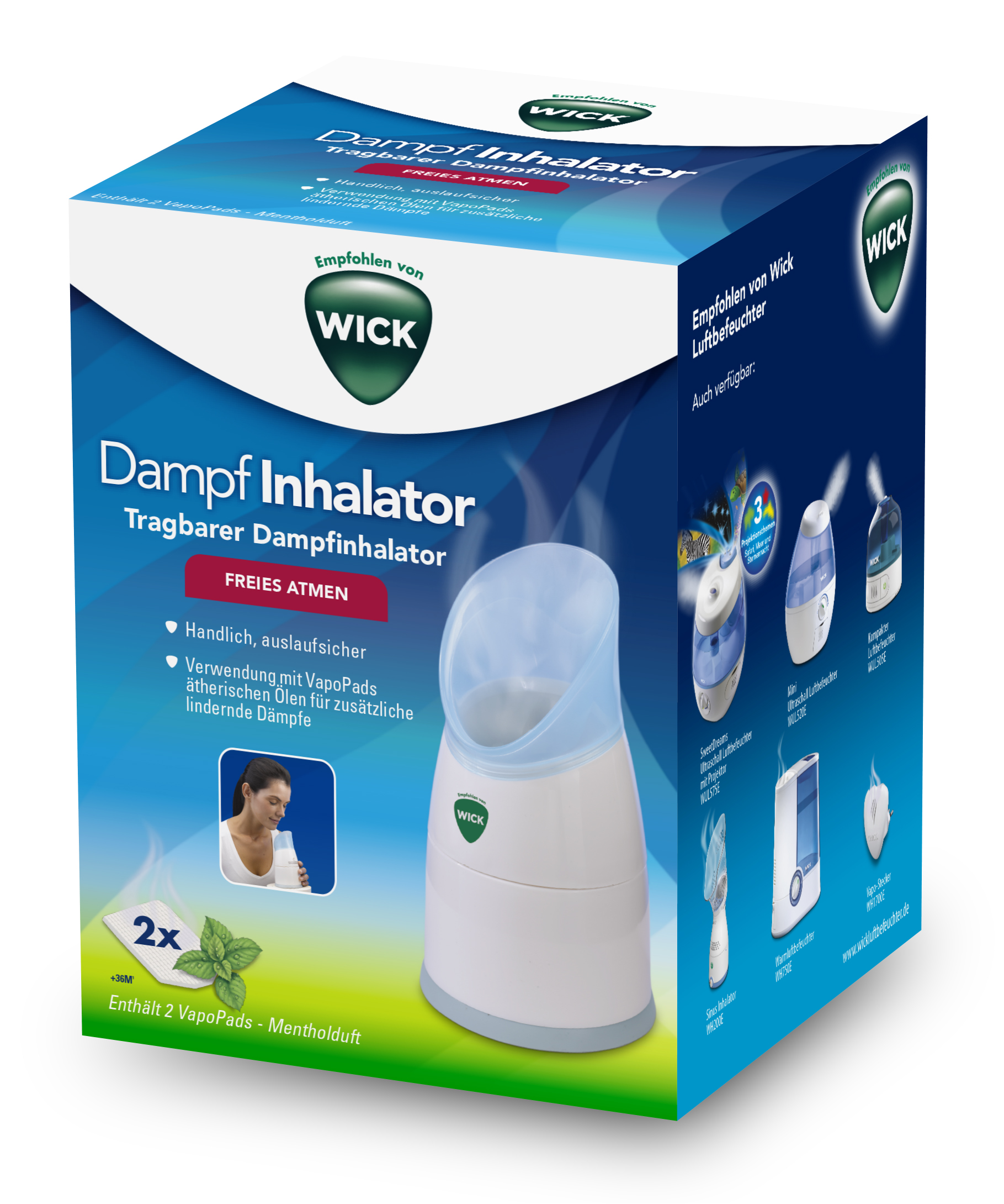 Box von 'Dampf Inhalator' mit einem Bild einer Frau, die das Produkt verwendet, und anderen Inhalatoren.