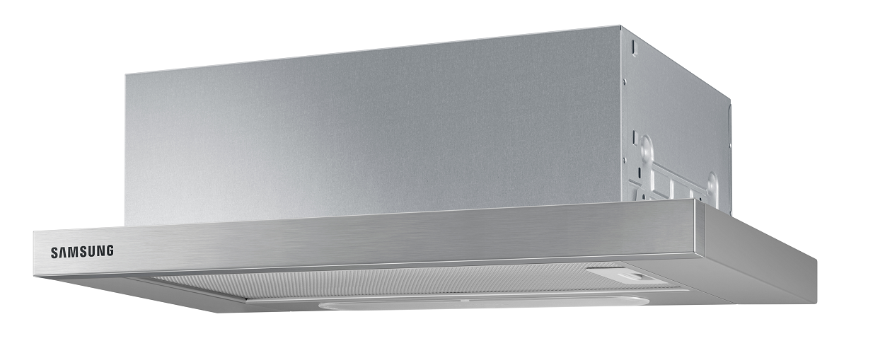 Stainless steel range hood with the Samsung logo.