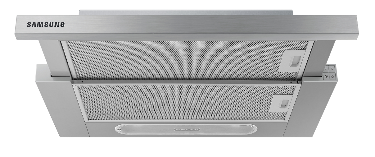 Silver Samsung range hood. Inside shows filters. Top: Samsung text. White background.