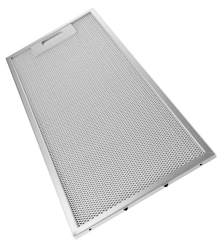 A stainless steel range hood filter, made of a metal mesh with a handle.