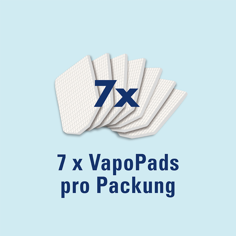 Das Bild zeigt sieben weiße VapoPads mit 7x Text auf hellblauem Hintergrund.