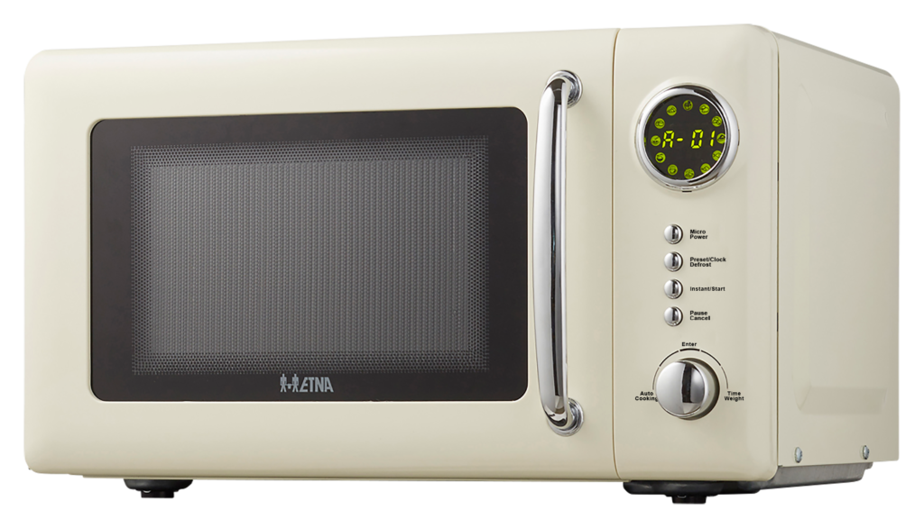 A cream-colored retro microwave oven with silver handle and buttons. It has a green digital display.