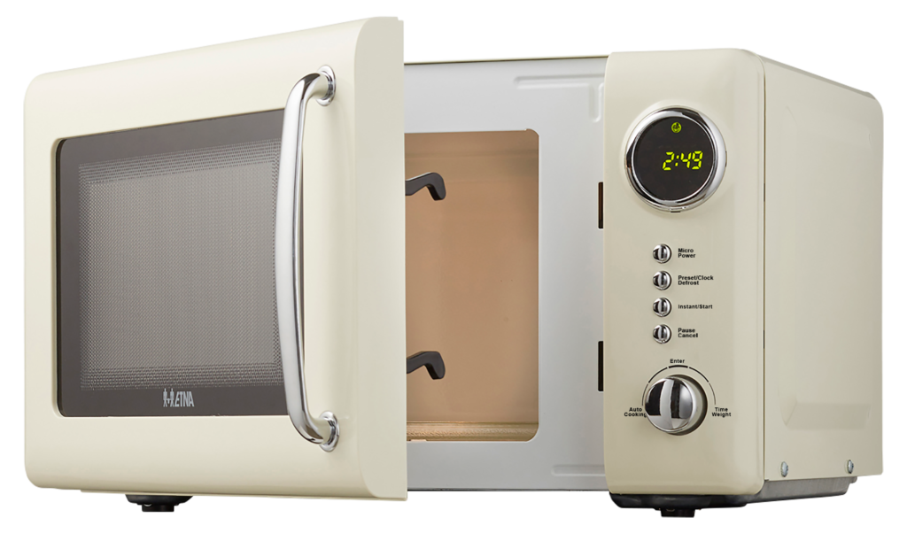 Cream microwave with open door. Interior is visible. Display shows time. Controls on the right side.