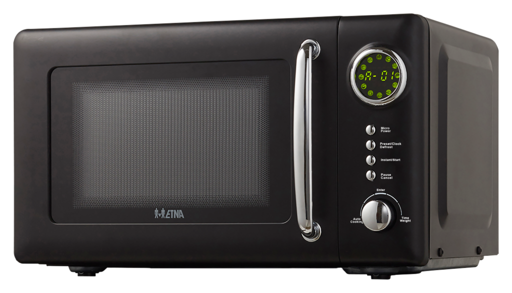A black Etna microwave with a digital display, handle, and control panel.