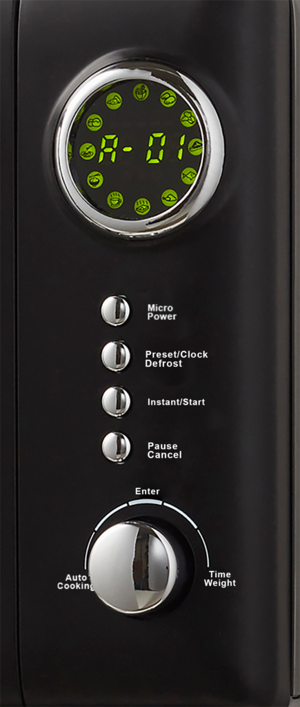 Black microwave control panel with buttons and a dial, and a digital display.