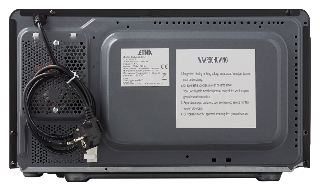 The back of a microwave is shown. There is a label with technical information, and the power cord is attached.