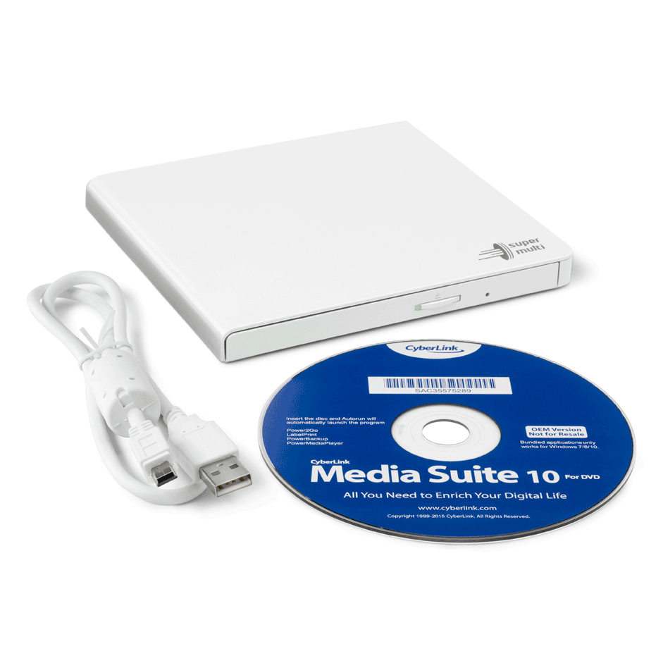 Weißes externes CD/DVD-Laufwerk, eine blaue CyberLink Media Suite 10 Disc und ein weißes USB-Kabel.