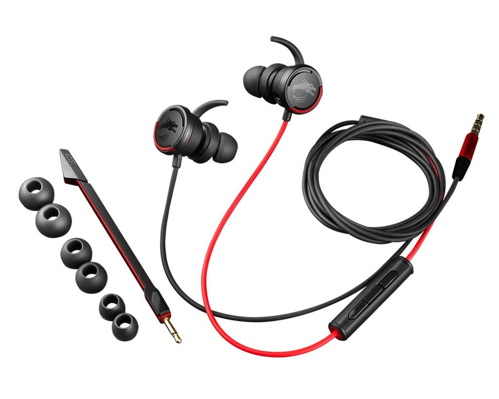 Auriculares gaming - MSI Inmerse, GH10, Intraurales, Transductores de 13,5 mm, Micrófono, Negro / Rojo