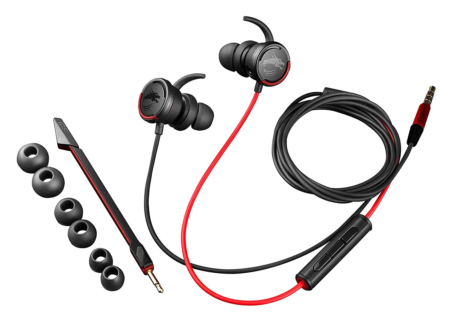 Auriculares gaming - MSI Inmerse, GH10, Intraurales, Transductores de 13,5 mm, Micrófono, Negro / Rojo