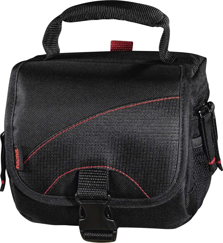 Borsa per fotocamera nera con cuciture rosse e manico. Ha una fibbia nera e una tasca laterale. Il marchio 'hama' è visibile.