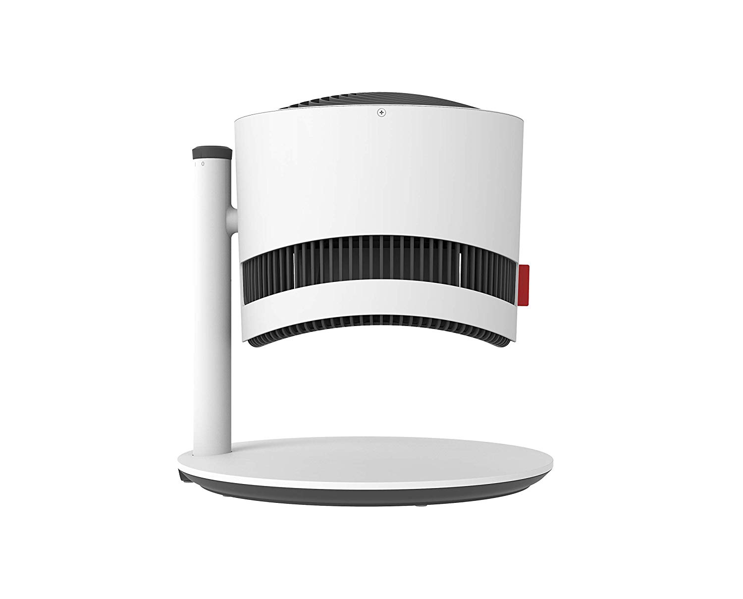 Purificateur d'air blanc et noir avec une base ronde et un corps cylindrique, isolé sur blanc.