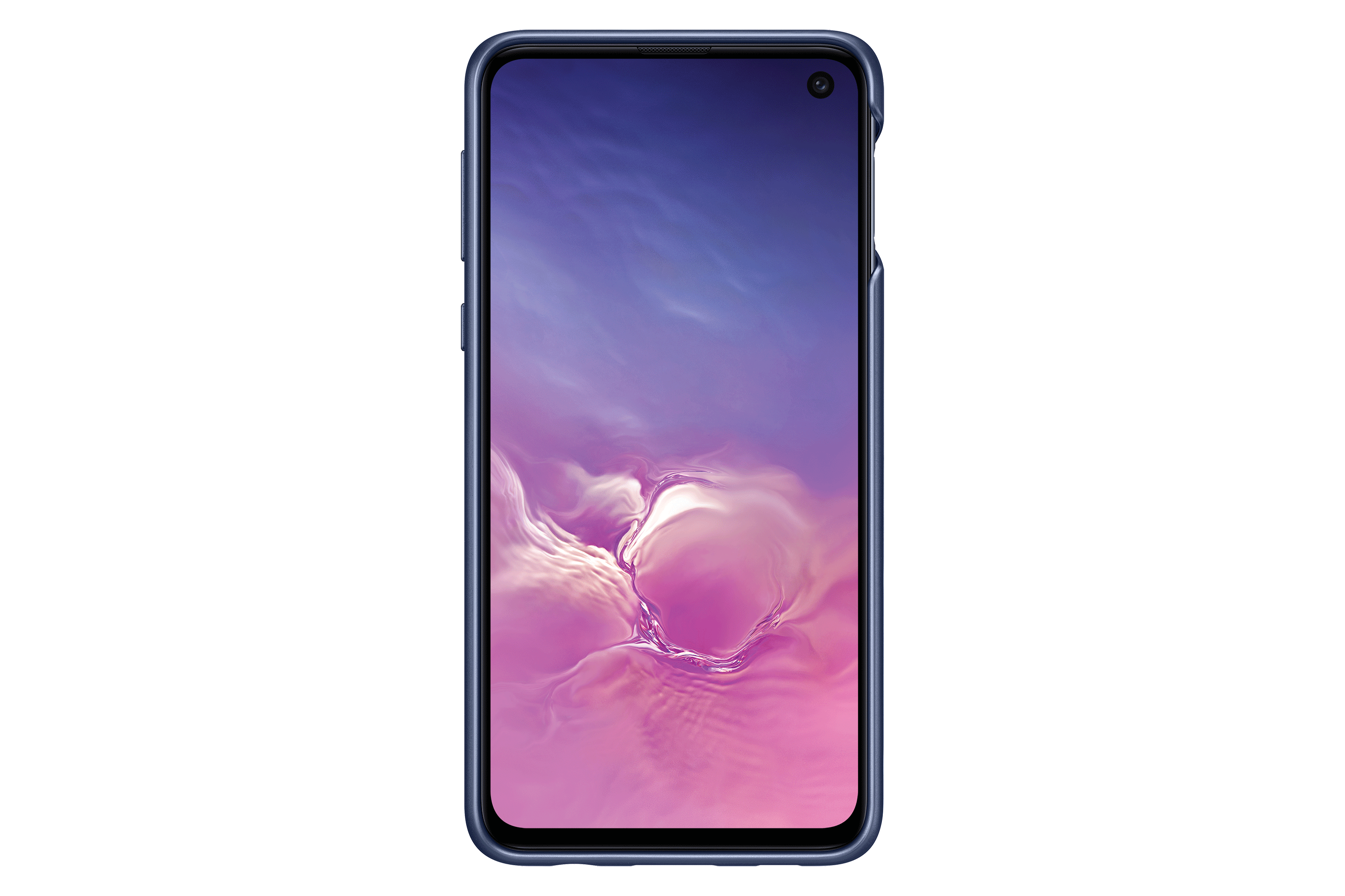 Een smartphone met een blauw getint scherm met een abstracte afbeelding van roze en paarse kleuren op een zwarte achtergrond.