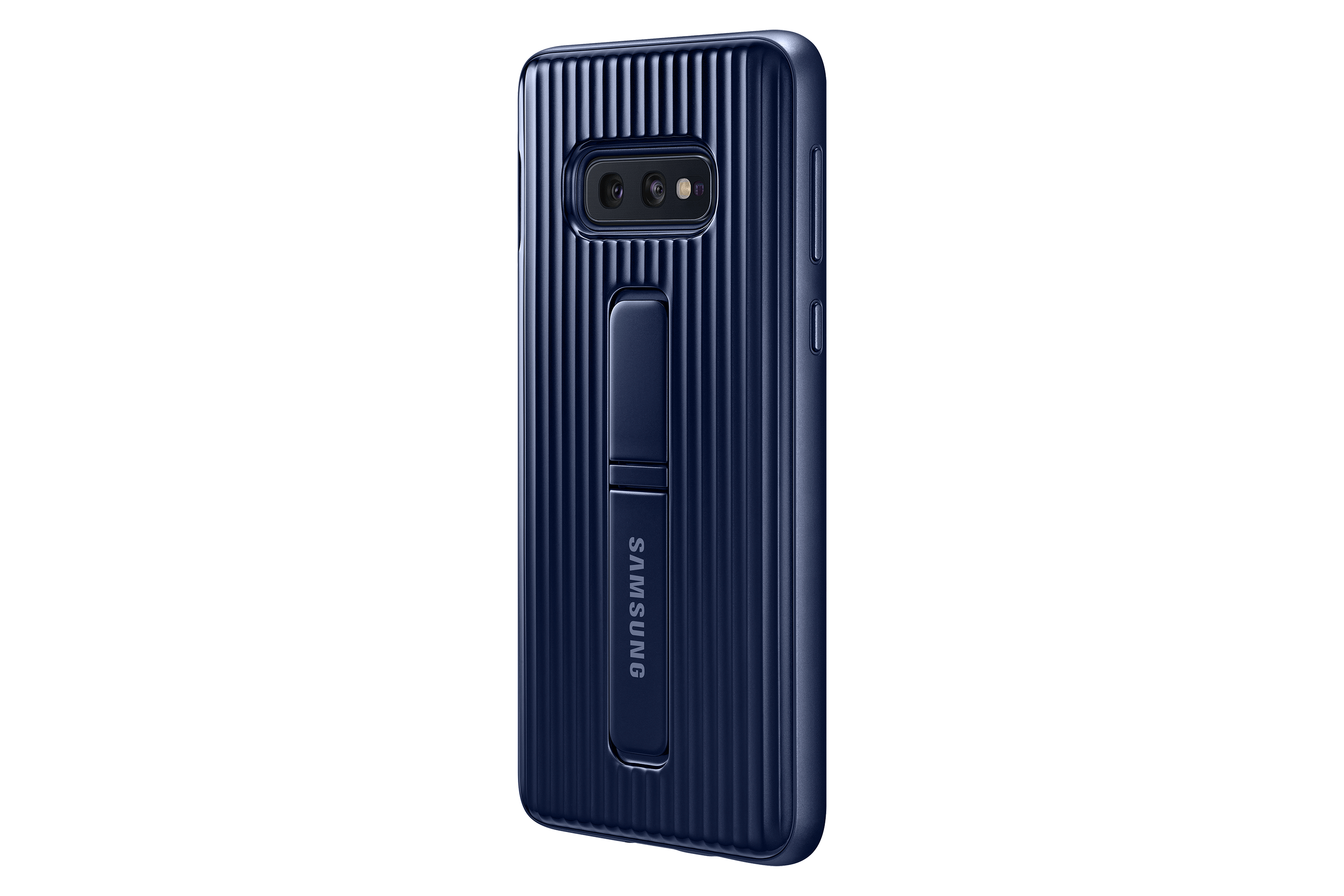 Blauwe Samsung telefoonhoes. Het heeft verticale lijnen en een standaard. Het Samsung-logo is zichtbaar.