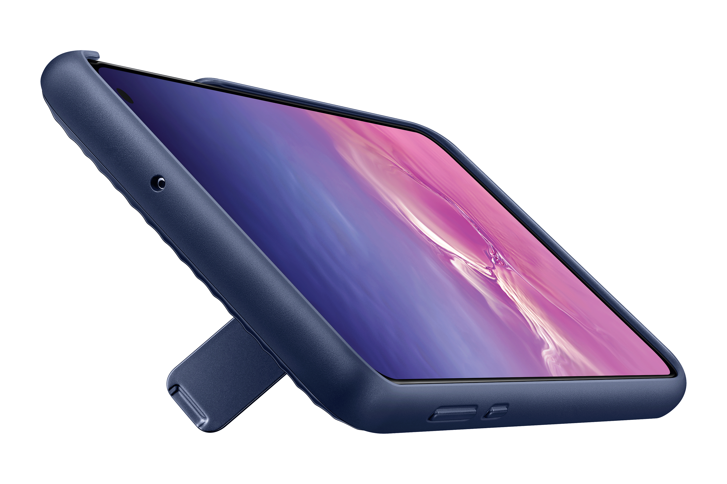Een blauwe telefoonhoes met een telefoon erin, tegen een zwarte achtergrond. Het scherm is zichtbaar.