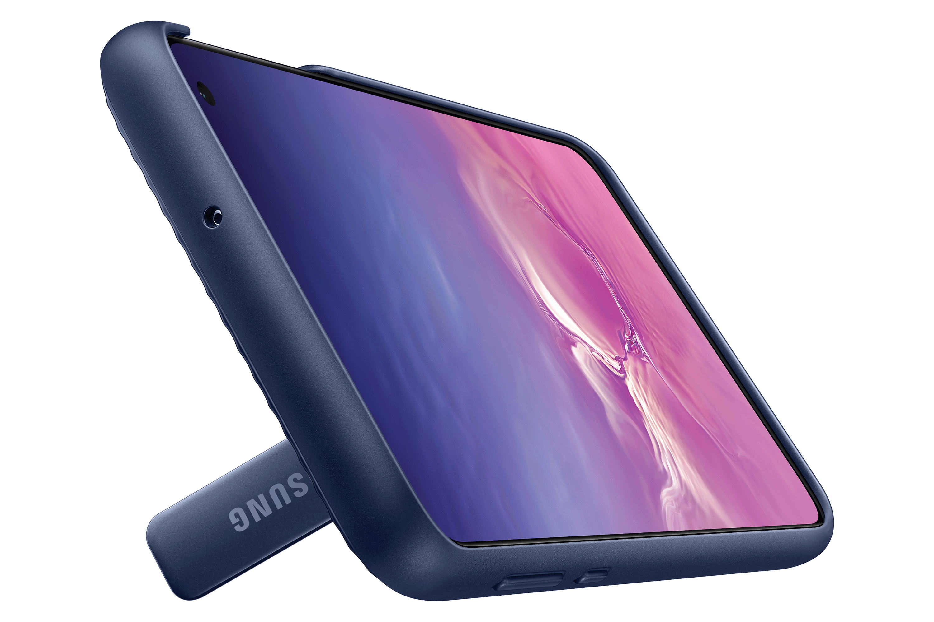 Een blauwe telefoonhoes met een telefoon erin, ondersteund door een standaard. Het scherm toont roze en paarse tinten.