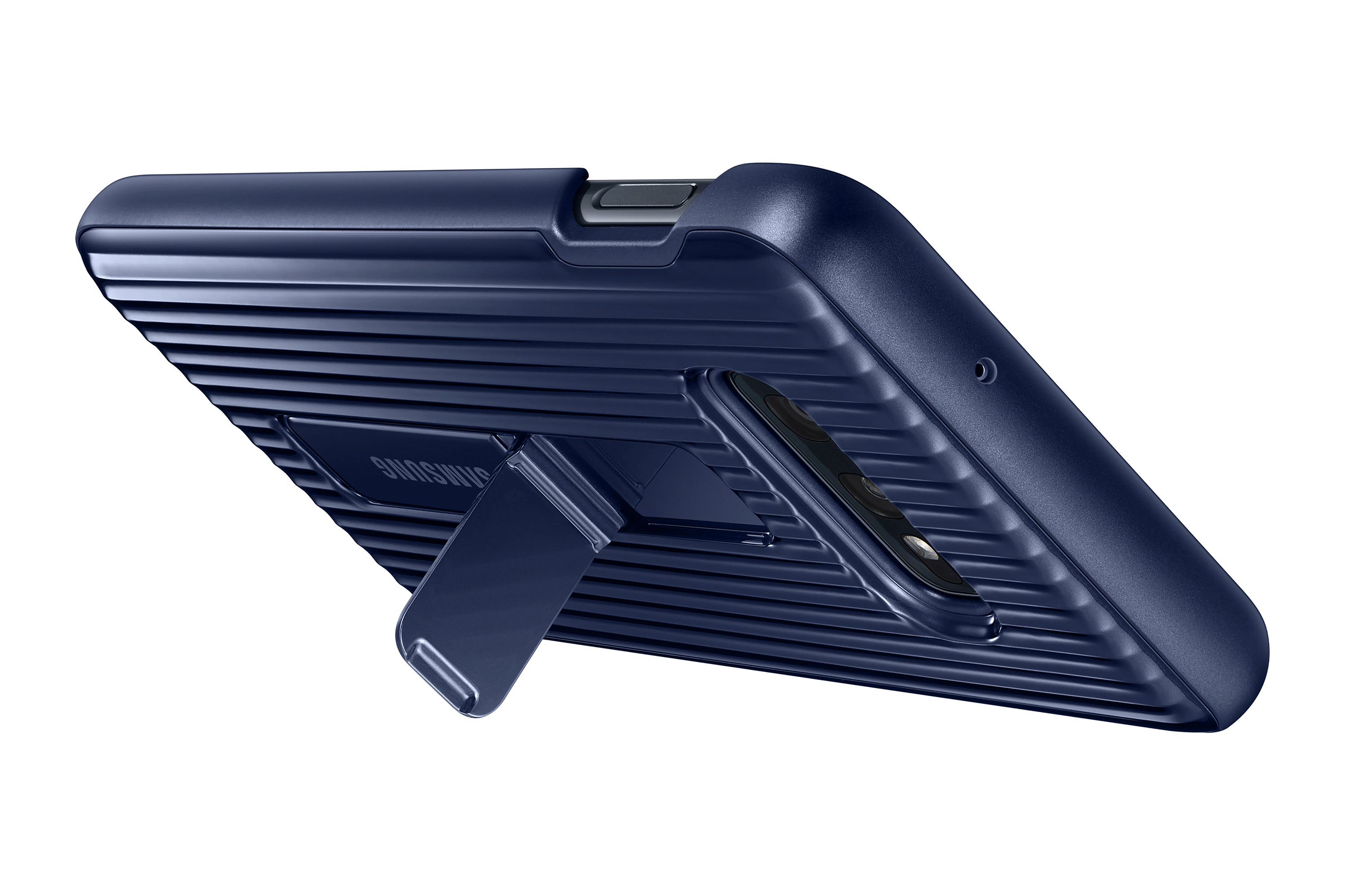 Een blauwe telefoonhoes met standaard tegen een zwarte achtergrond. De hoes heeft getextureerde lijnen.