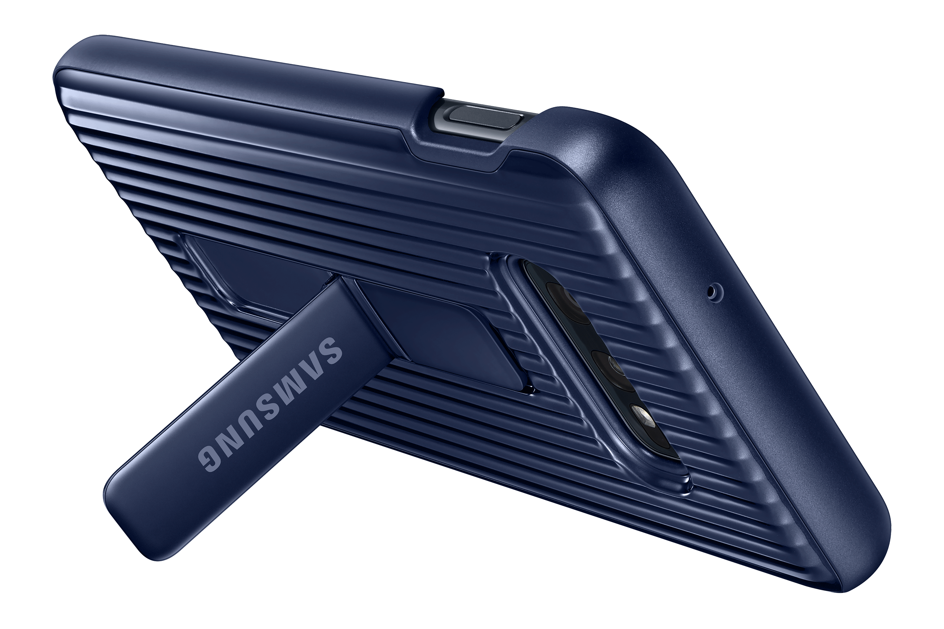 Een donkerblauwe Samsung tablet case met een ingebouwde standaard. De case heeft een getextureerd oppervlak en het Samsung logo.