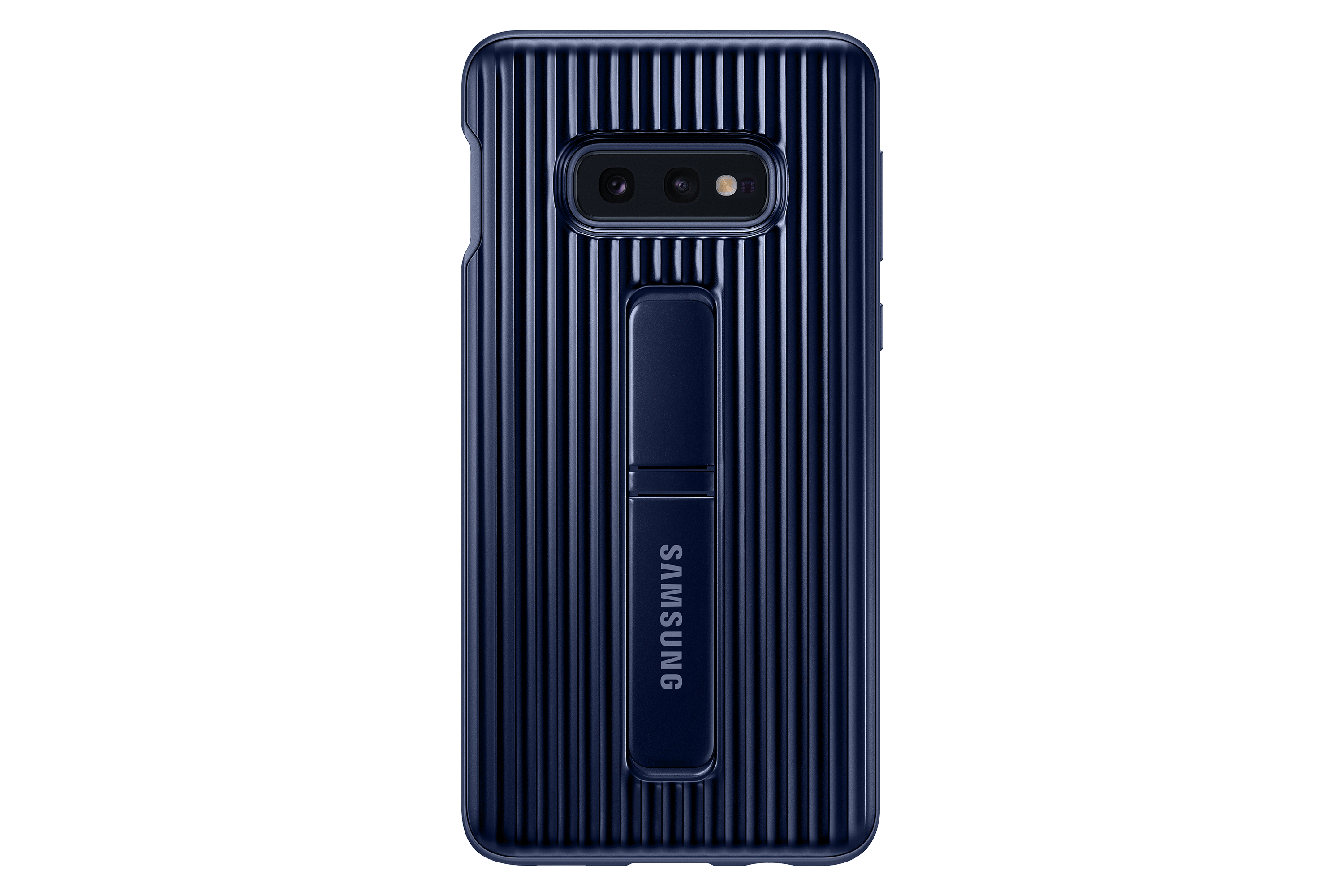 Een blauwe telefoonhoes met een standaard. Het heeft verticale lijnen en een Samsung-logo. De achtergrond is zwart.