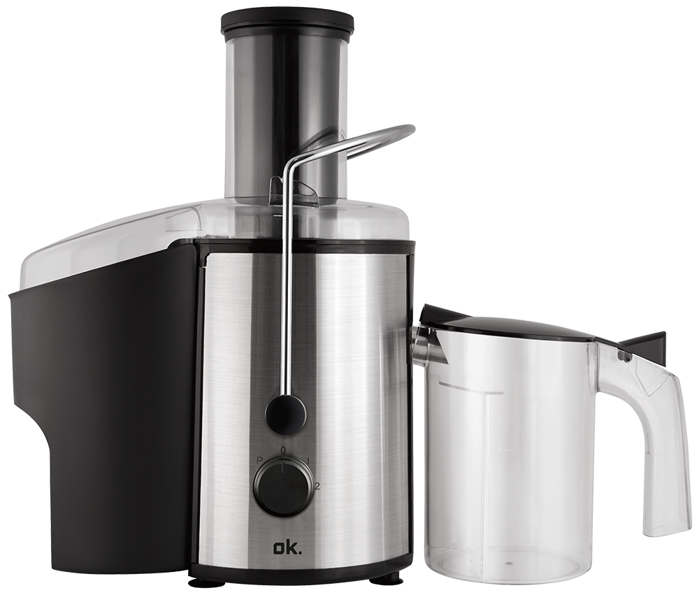 Een zilveren en zwarte juicer met een zwarte achtergrond.