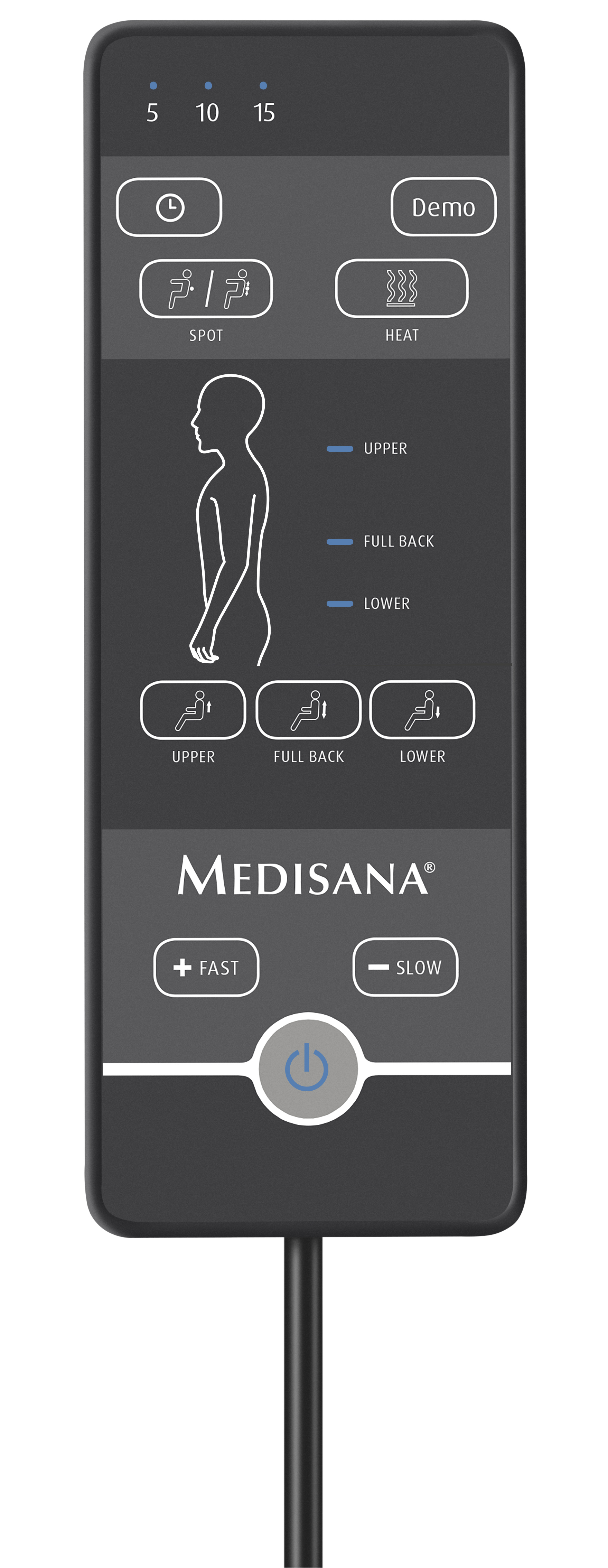 Eine schwarze Medisana Massagegerät-Fernbedienung. Sie hat Tasten zur Steuerung der oberen, vollen und unteren Rückenmassage.
