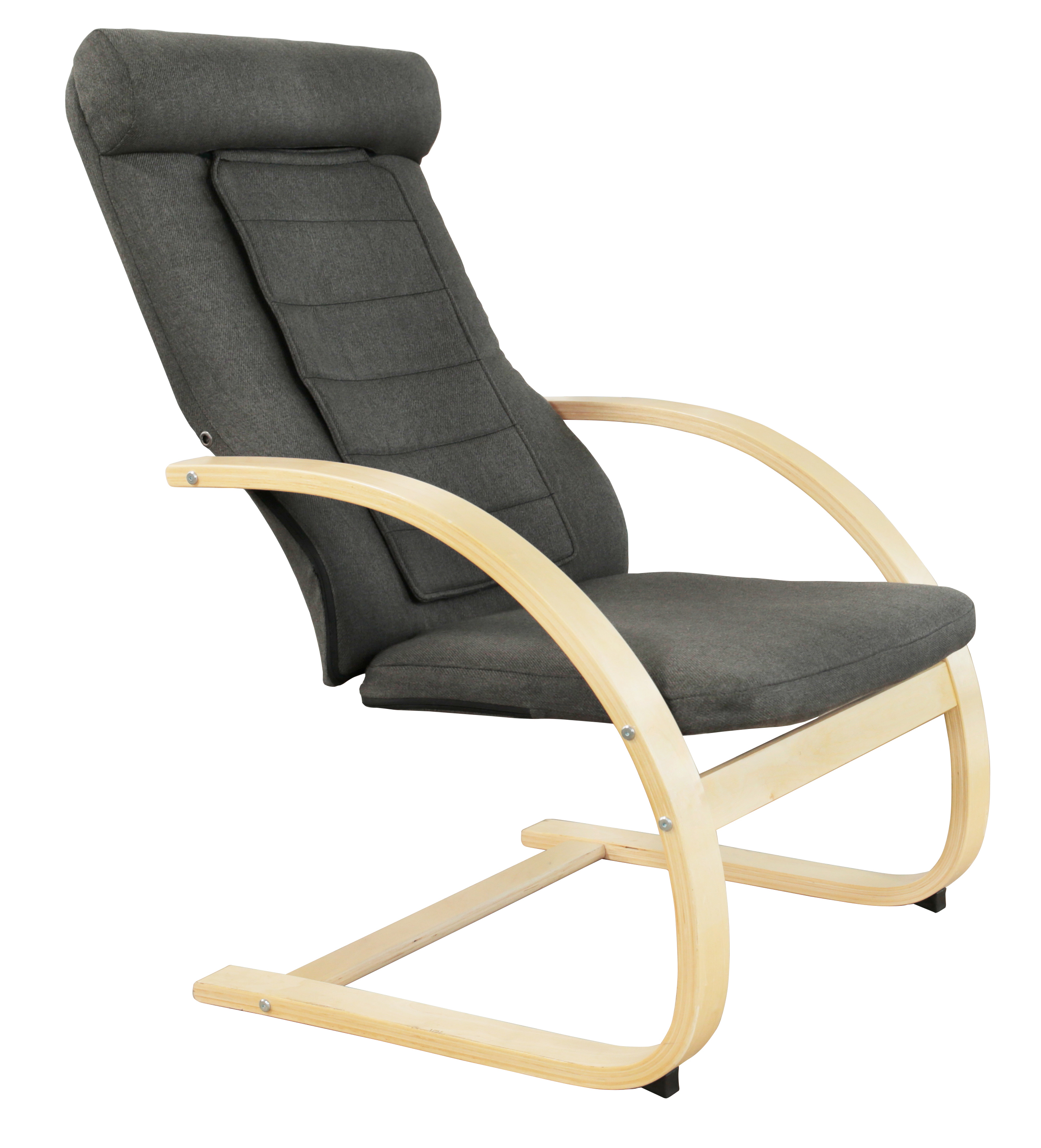 Grauer Stoff-Sessel mit hellem Holzrahmen. Er hat eine hohe Rückenlehne und ein geschwungenes Design.