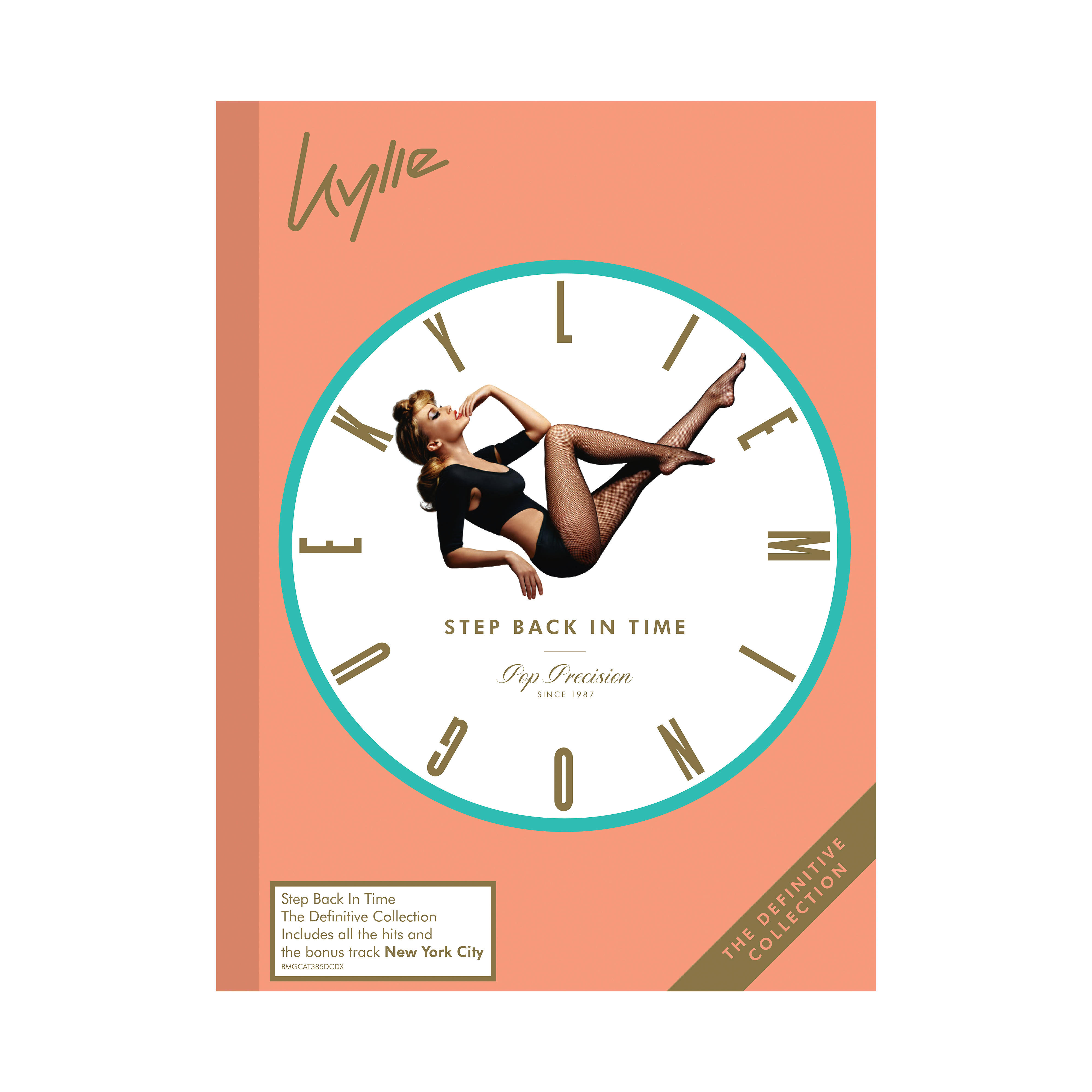 Kylie-Albumcover. Eine Frau in einem Ziffernblatt. Text: 'Step Back in Time'.