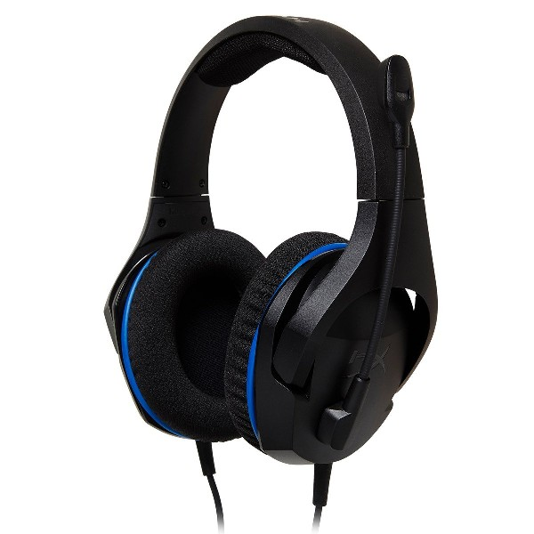 Auriculares para juegos negros con detalles azules, micrófono y almohadillas. Fondo blanco.