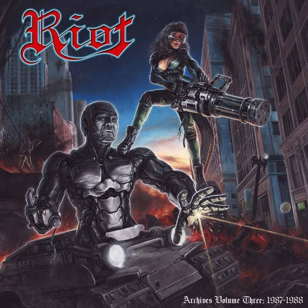 Albumcover mit futuristischer Szene: Mann mit Panzer, Frau mit Waffe, Stadt im Hintergrund.