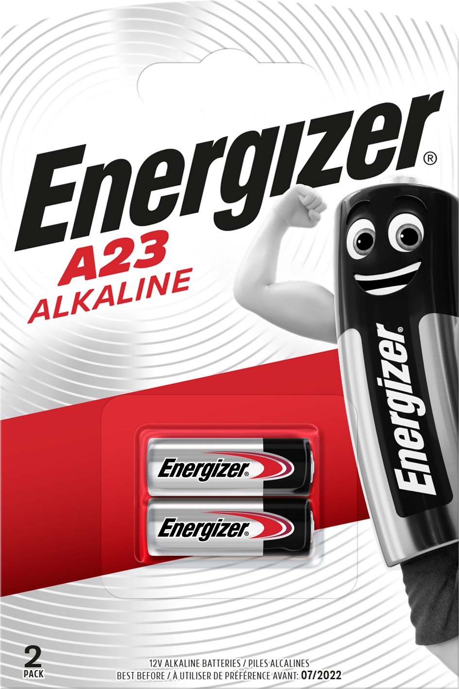 Energizer A23 Alkali-Batterien-Packung. Zwei Batterien und eine Zeichentrickfigur, die einen Muskel anspannt.