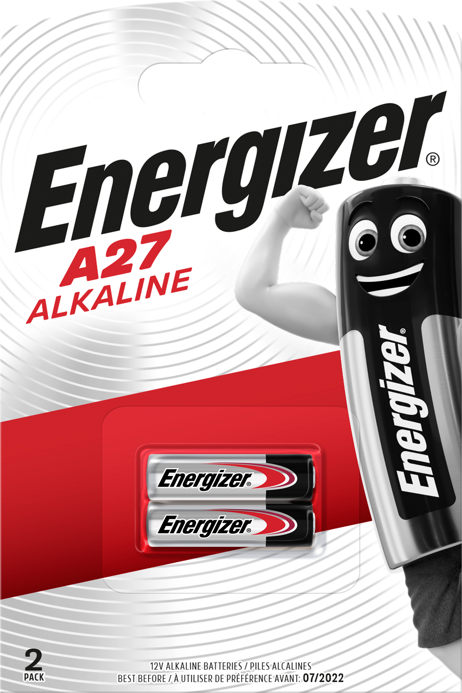 Energizer A27 Batteriepack. Zwei Batterien innen. Die Packung zeigt ein Starkarm-Maskottchen.