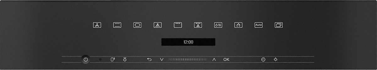 Schwarzes Gerätebedienfeld mit digitaler Zeitschaltuhr und verschiedenen Touch-Symbolen.