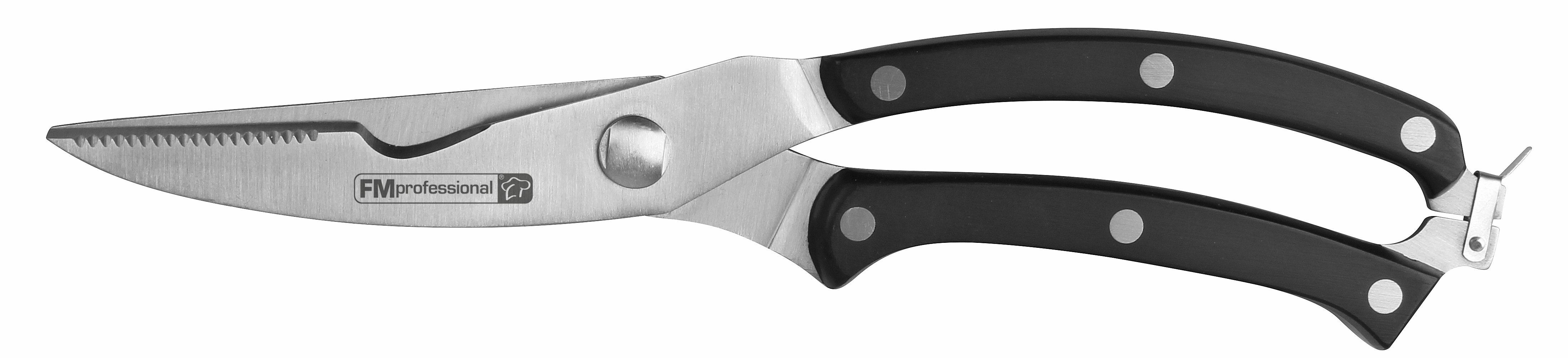 Küchenschere aus Edelstahl und Schwarz. Griffe mit schwarzen Griffen.
