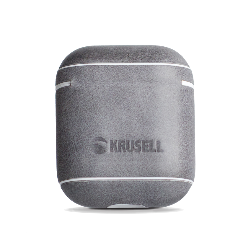 Gray leather case with white stitching for earbuds. Brand name 'KRUSELL' is printed on it.