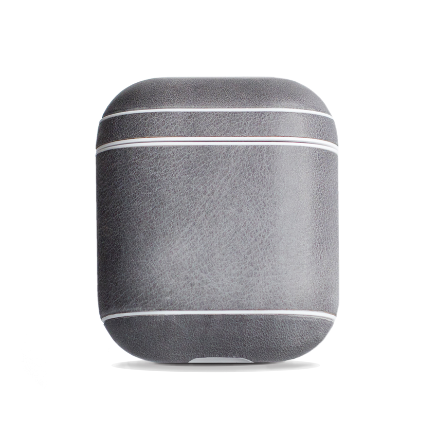 A gray, leather-textured case for wireless earbuds, with a white border.