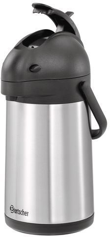 Eine silberne Thermoskanne mit schwarzem Griff und Deckel.