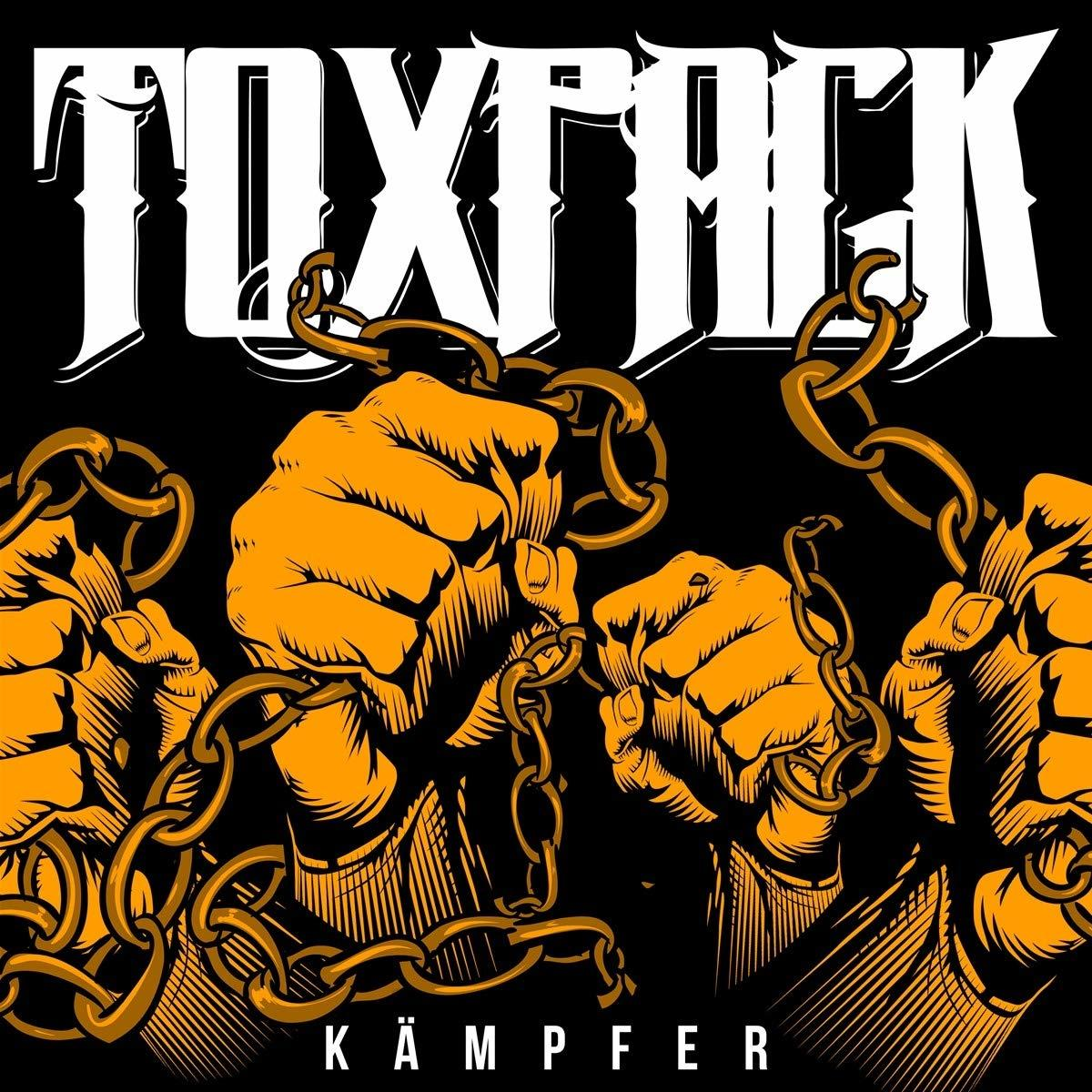 Albumcover mit TOXPACK-Titel und Fäusten, die Ketten halten. Gelb-schwarzes Design.