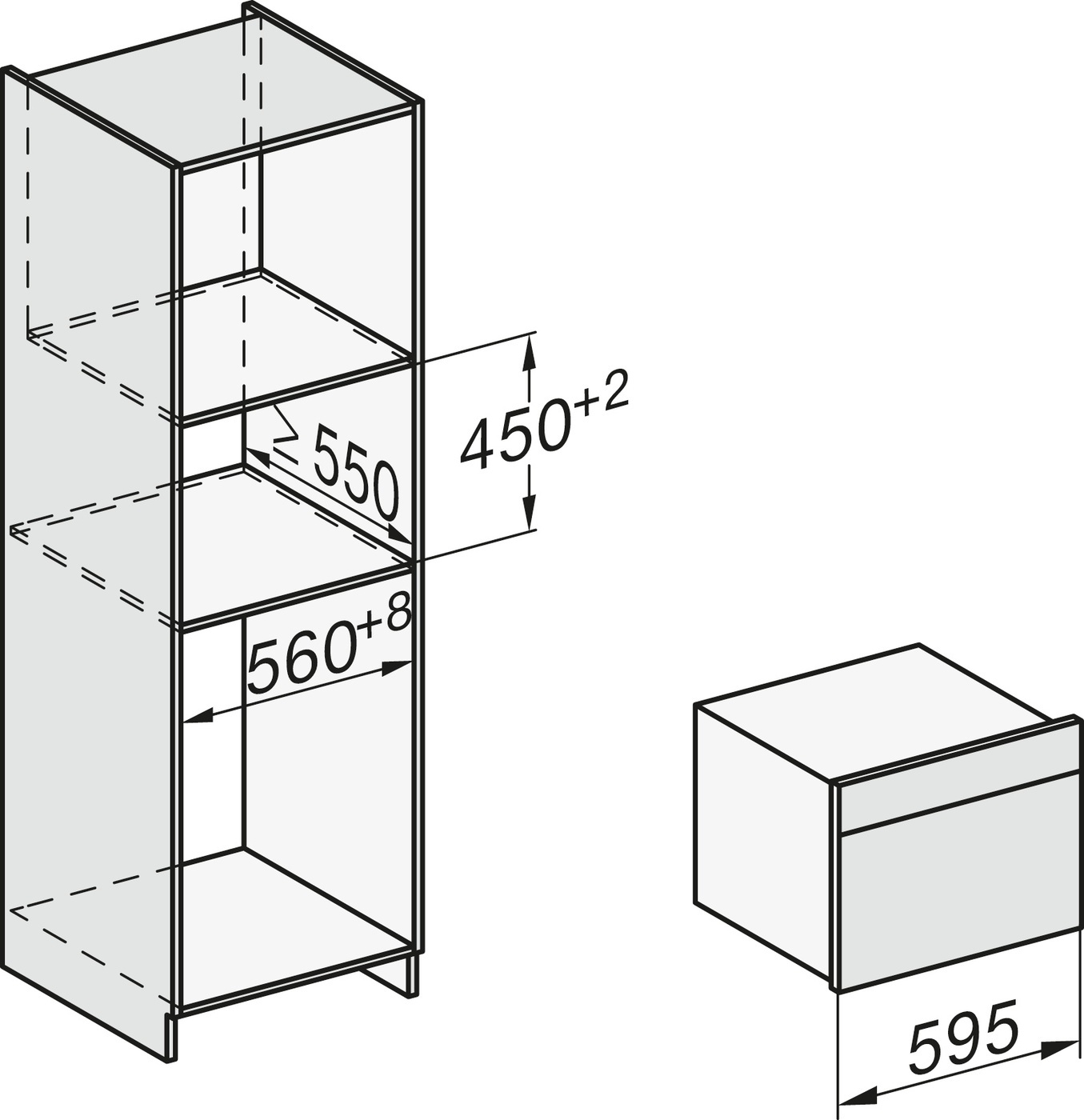 Architectonische tekening van kast- en lade-eenheden met afmetingen.