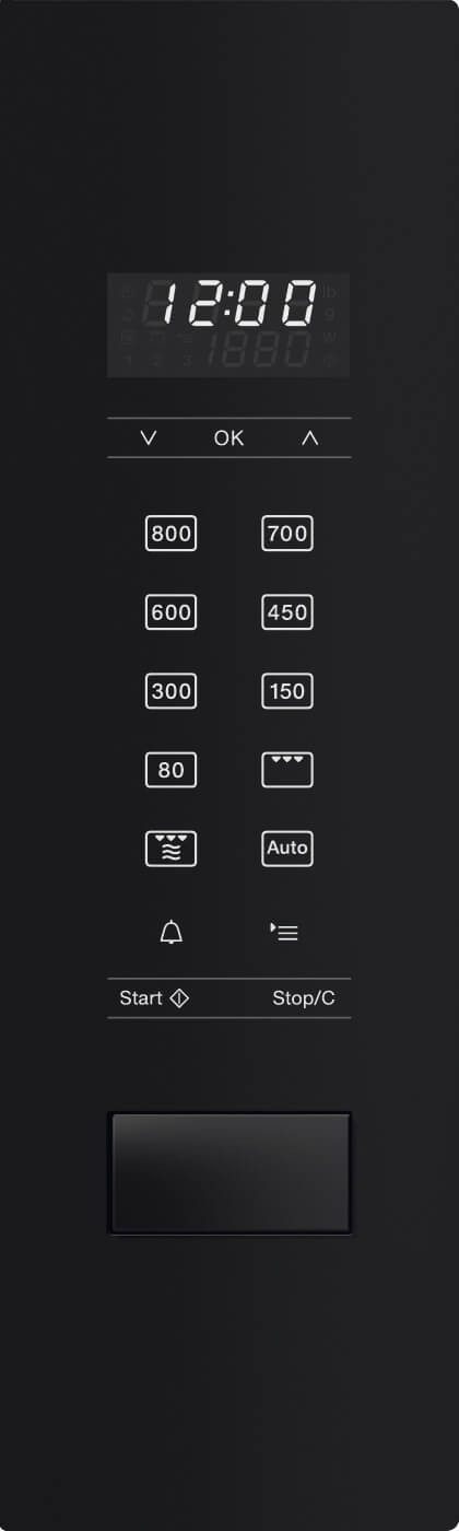Un panneau de commande de micro-ondes noir avec un affichage numérique indiquant 12h00 et divers boutons.