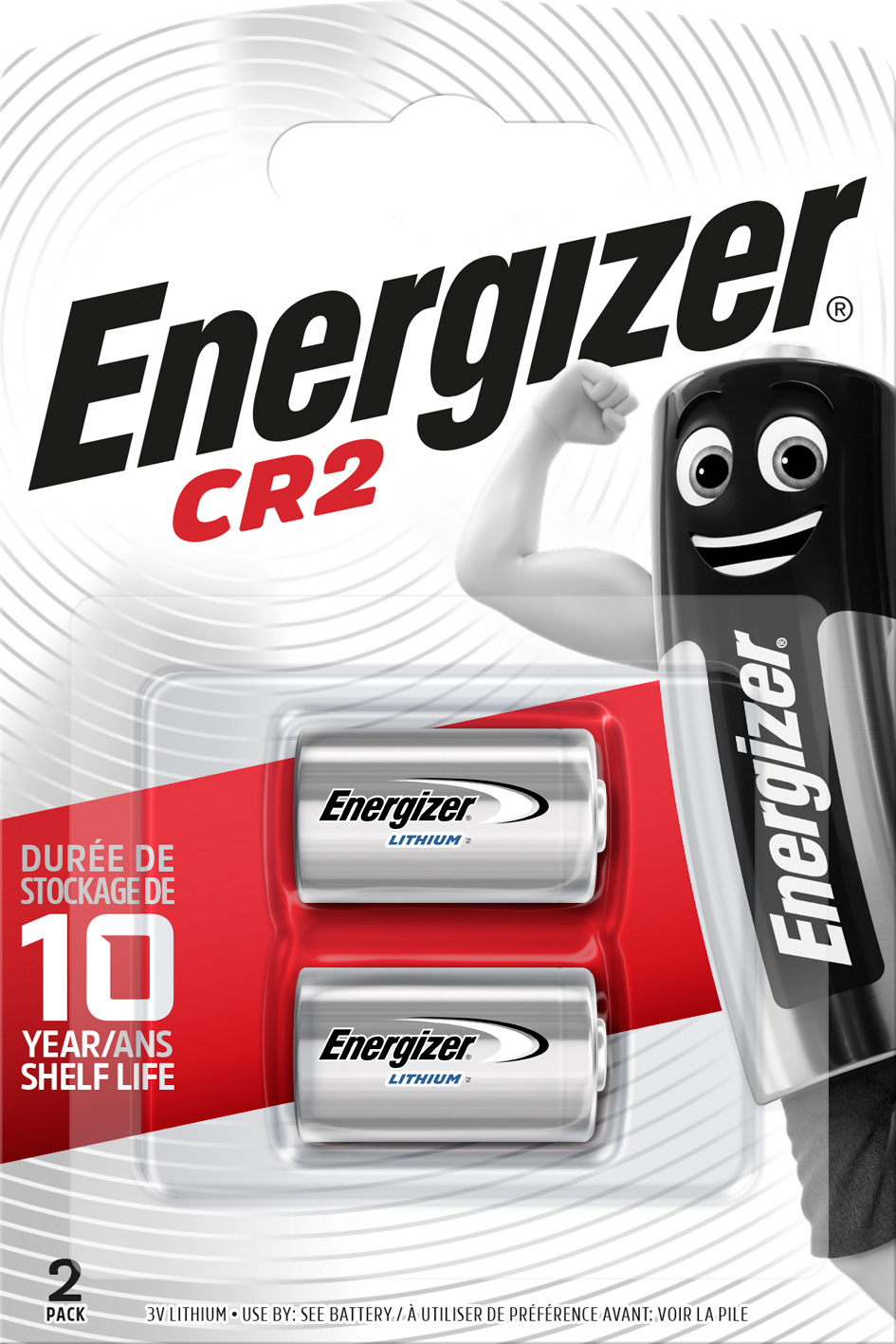Energizer CR2 Batteriepack. Zwei Batterien sichtbar mit starkem Arm-Grafik. 10 Jahre Haltbarkeit.