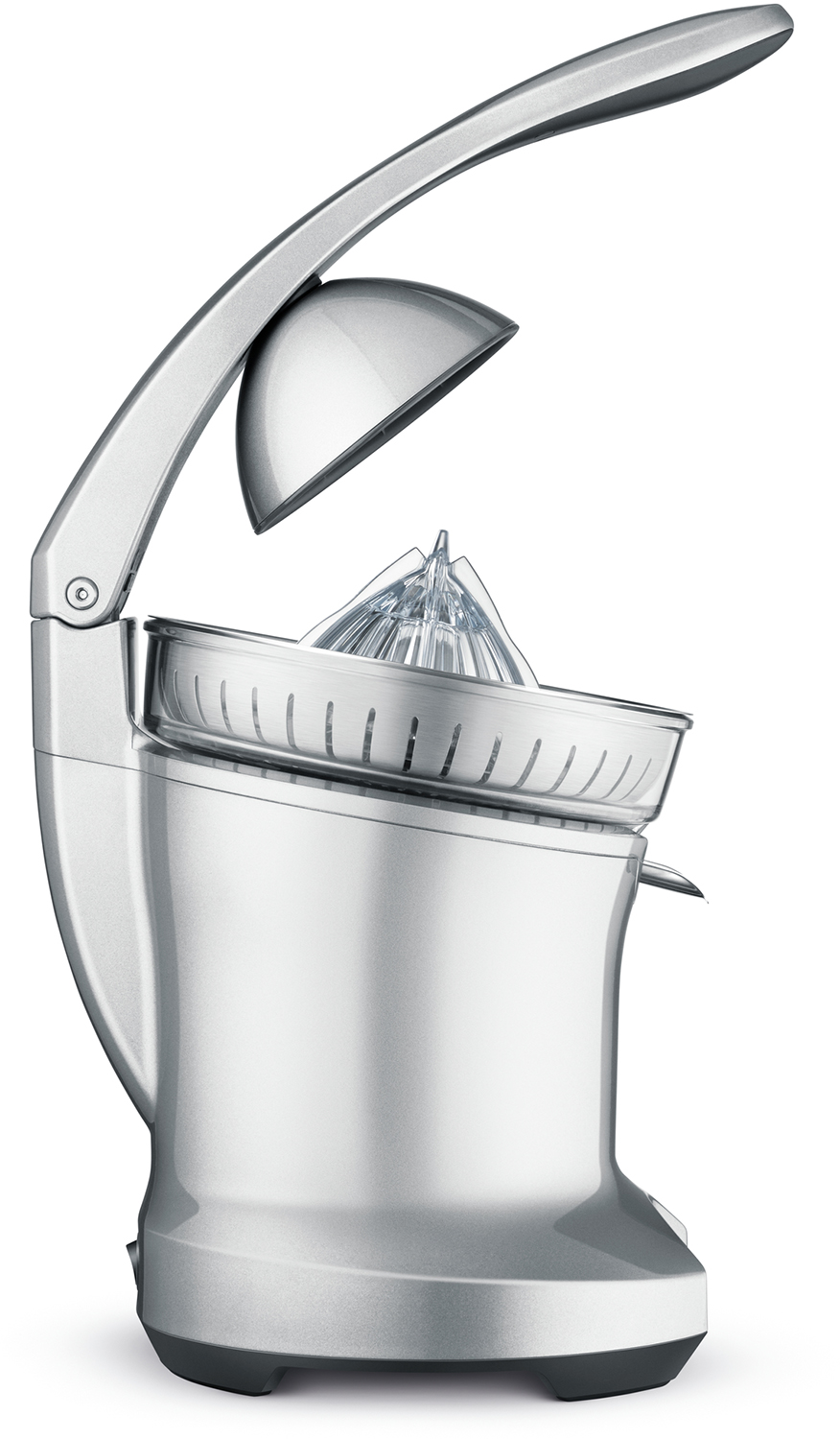 Silver juicer on a white background. The juicer is made of metal.