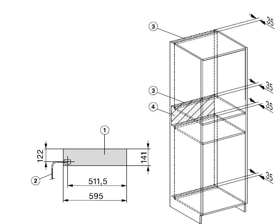Diagram of a cabinet with dimensions. White background.