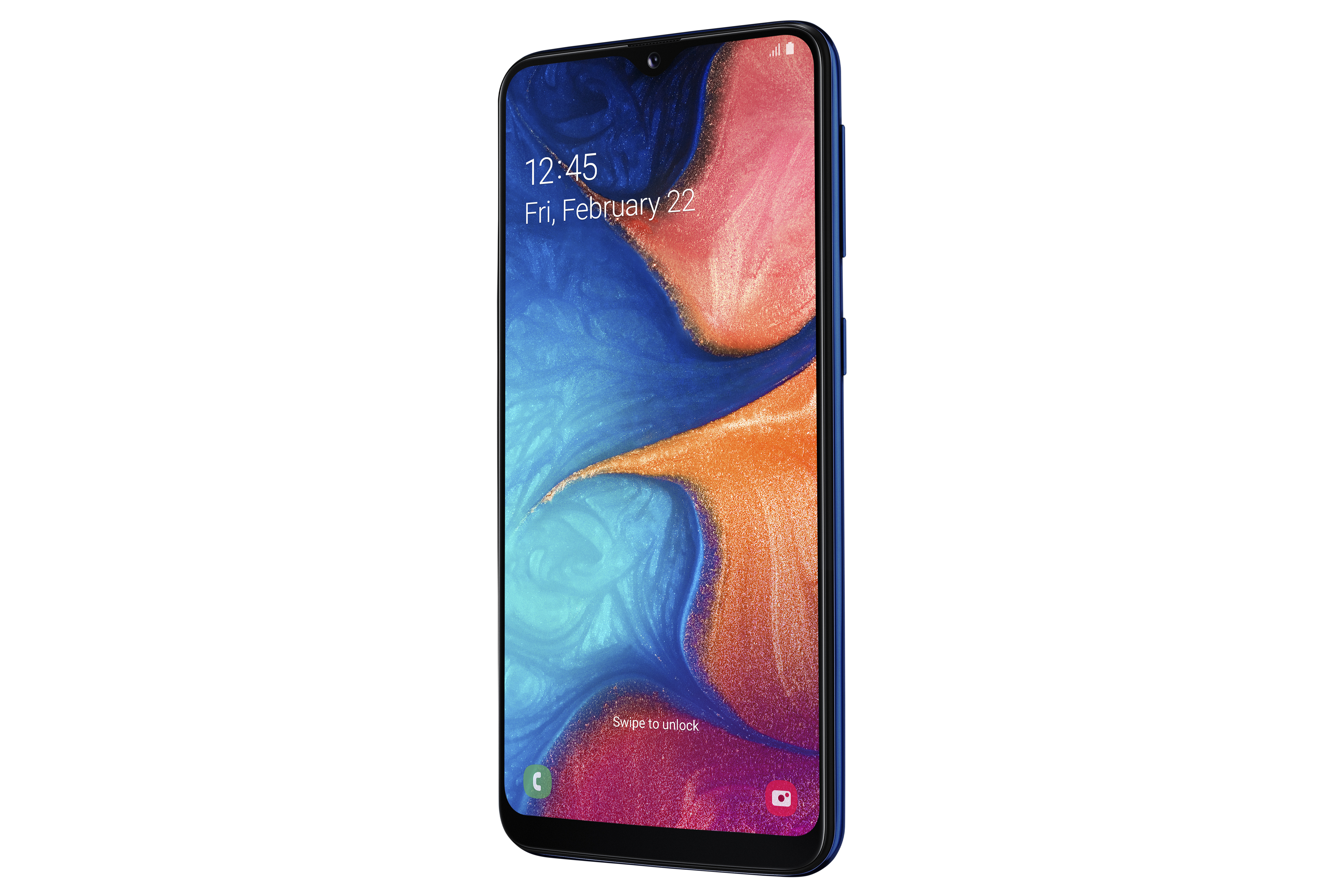 Blaues Telefon mit Wassertropfen-Display. Zeigt Uhrzeit und Datum. Blaue und orange Farben.